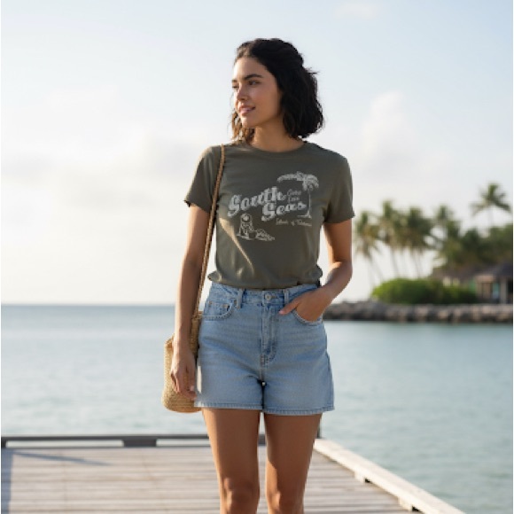 Columbia Women's "South Seas Cruise Lines" Graphic Tee - Olive Green, Size M - Picture 1 of 14